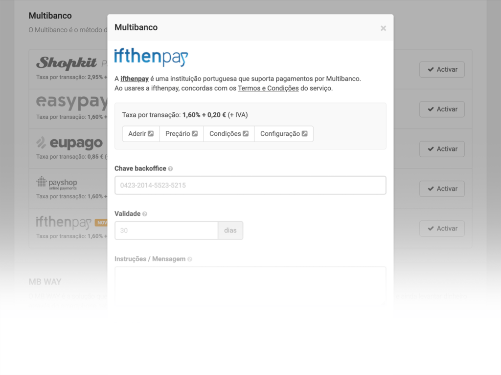 configurar métodos de pagamento ifthenpay