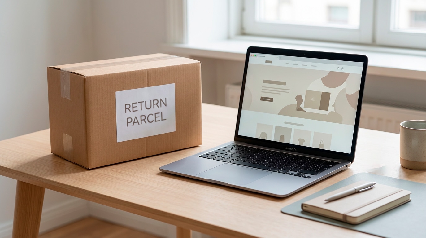 Devolução de encomenda em compras online com embalagem e etiqueta de envio