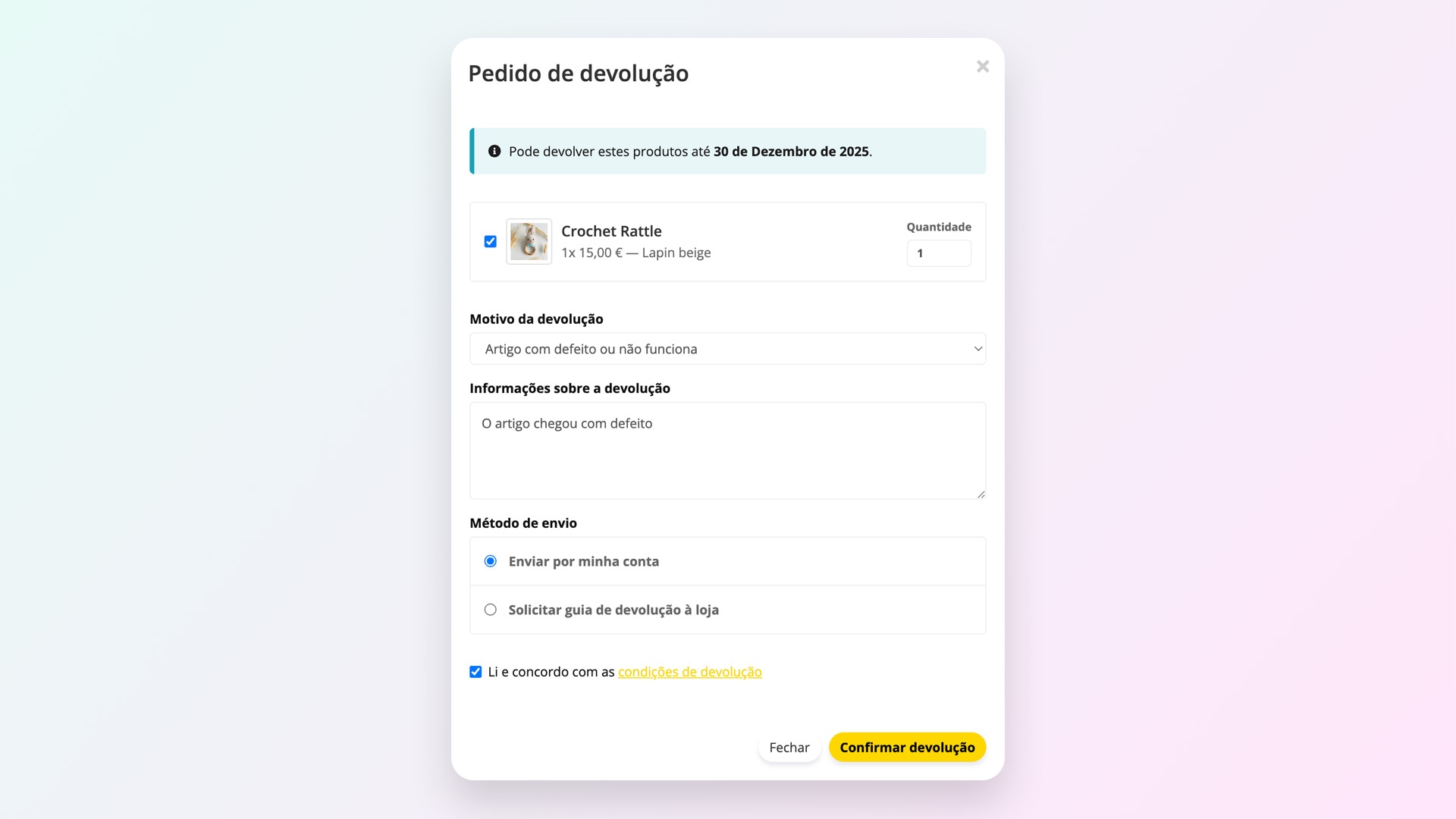 Interface de pedido de devolução de uma loja Shopkit