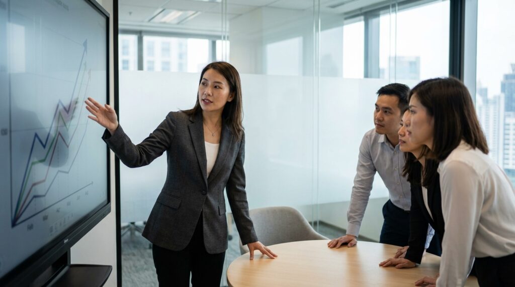 Profissional a apresentar estratégia de crescimento em reunião de negócios