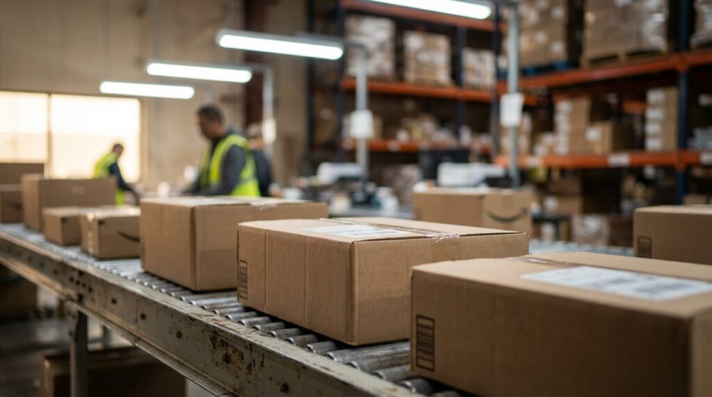 Caixas em linha de montagem num centro de fulfillment