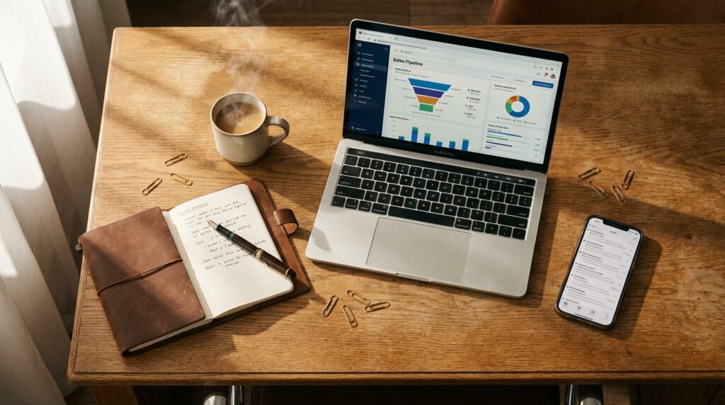 Secretária de trabalho com laptop e dashboard de vendas B2B