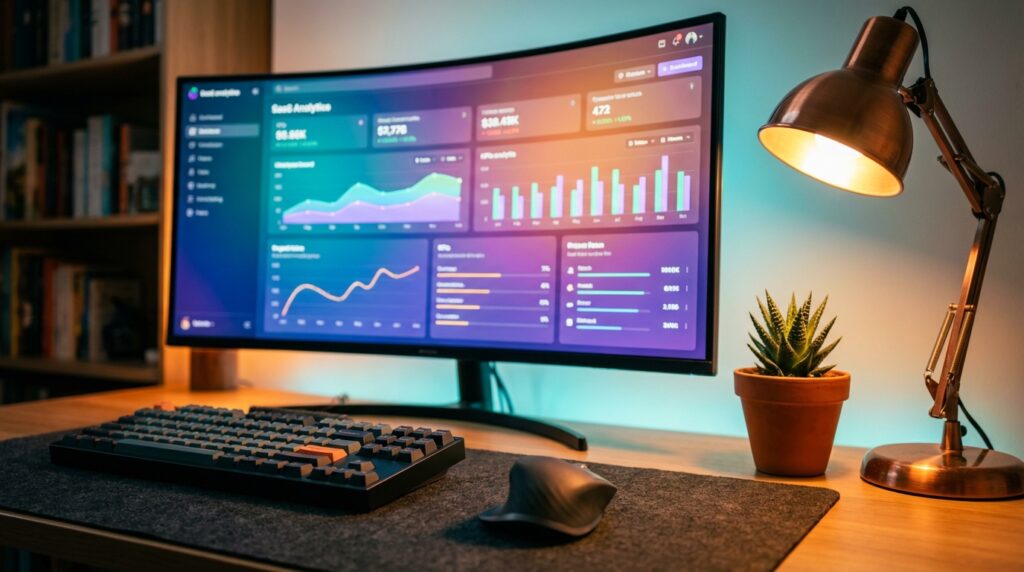 Workspace tecnológico com monitor curvo e dashboard de analytics