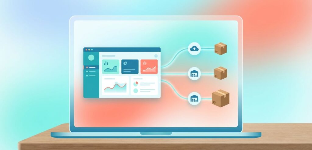 Ilustração editorial sobre dropshipping em 2026, com loja online, fornecedores e encomendas