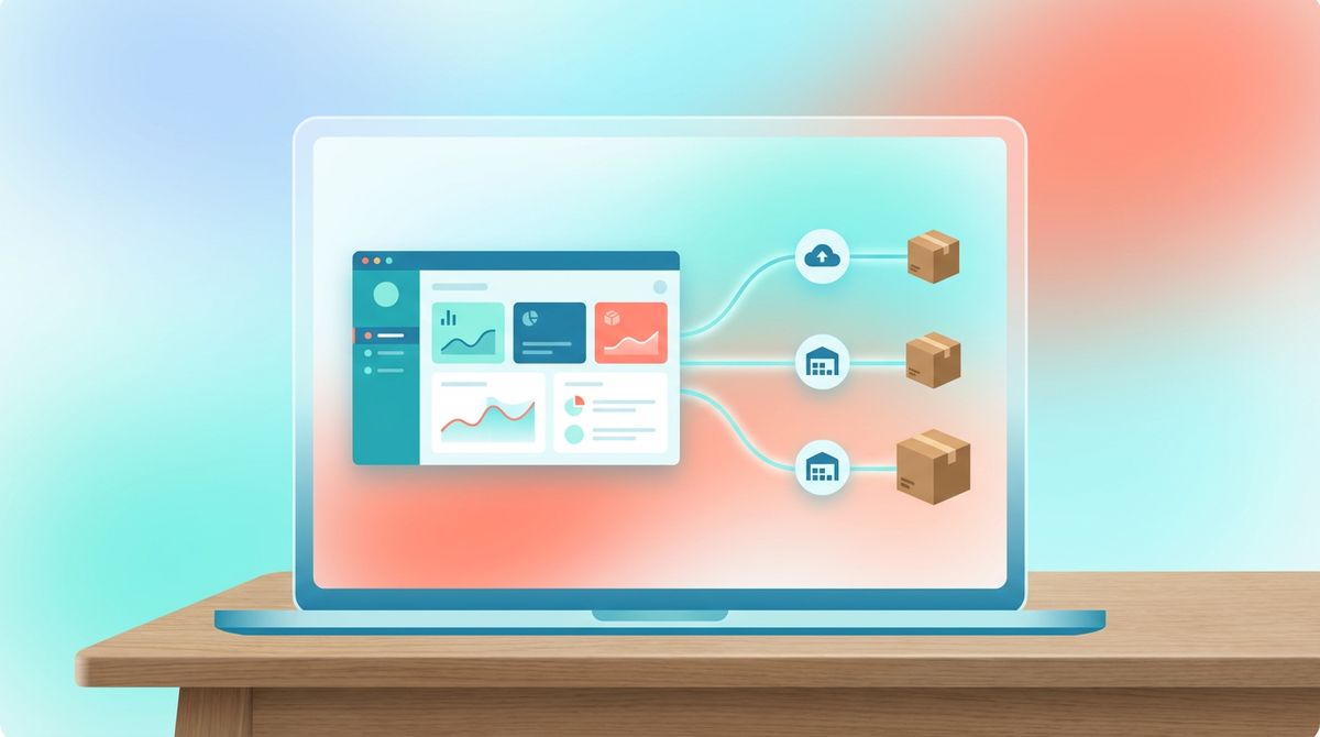 Ilustração editorial sobre dropshipping em 2026, com loja online, fornecedores e encomendas