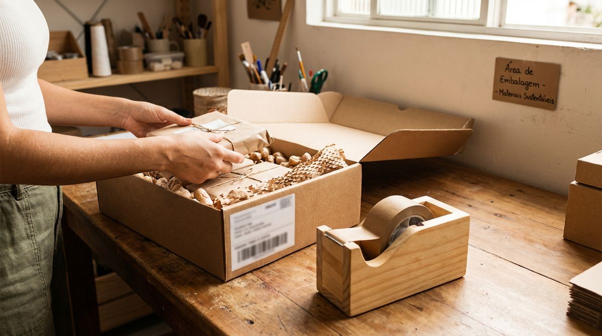 Preparação e embalagem de uma encomenda numa pequena loja online