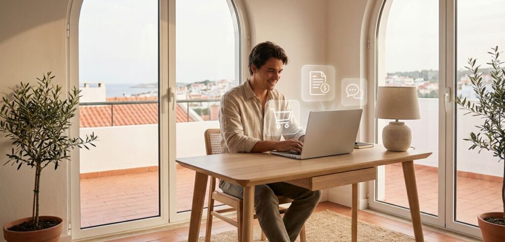 Pessoa a trabalhar num portátil num escritório em casa, a simbolizar ganhar dinheiro online