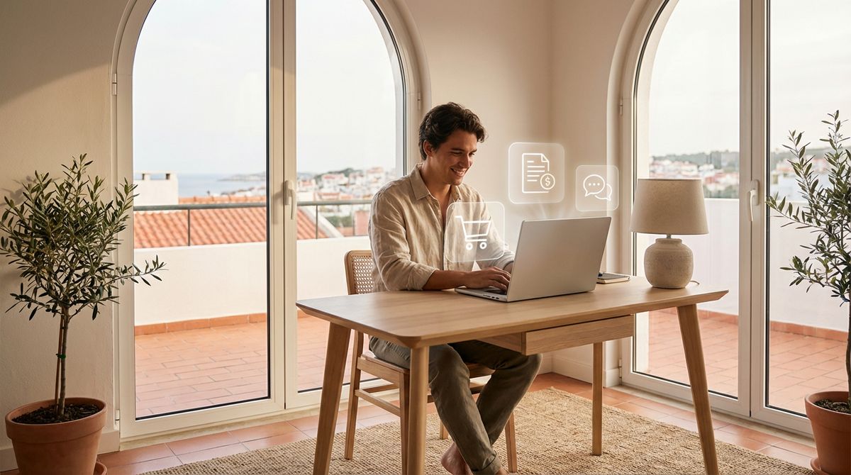 Pessoa a trabalhar num portátil num escritório em casa, a simbolizar ganhar dinheiro online