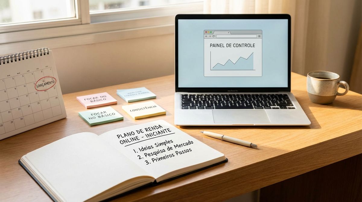 Pessoa a planear um plano simples para ganhar dinheiro online, com caderno, calendário e portátil