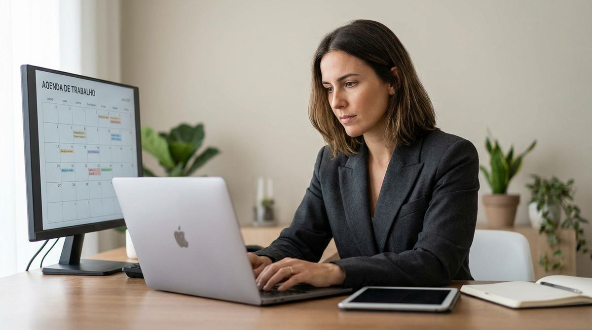 Freelancer a trabalhar remotamente num portátil, com ambiente profissional e luz suave