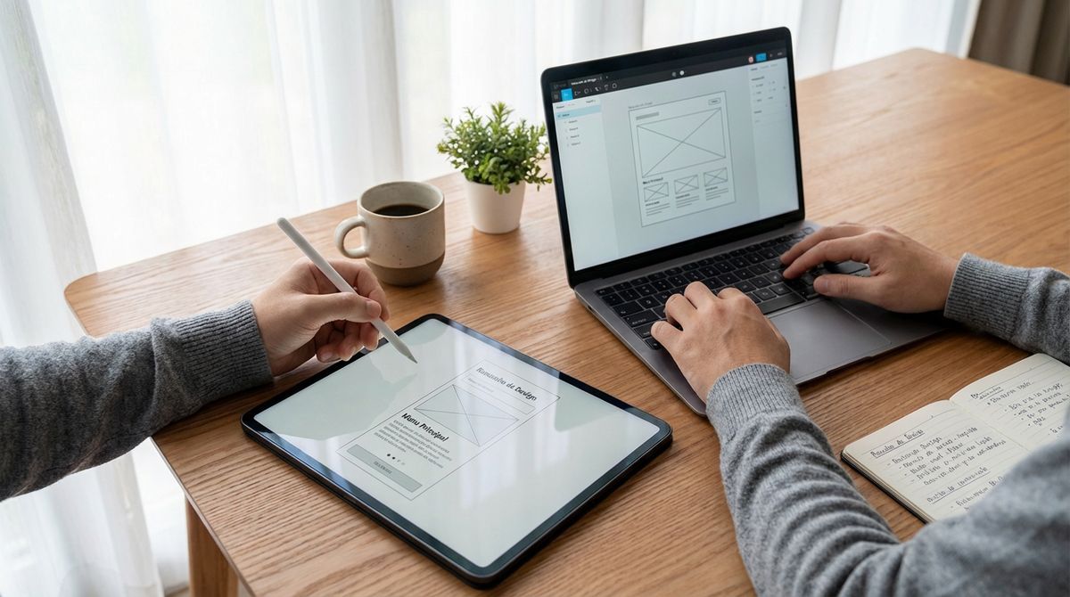 Criação de um produto digital num tablet e portátil, com ambiente moderno e organizado