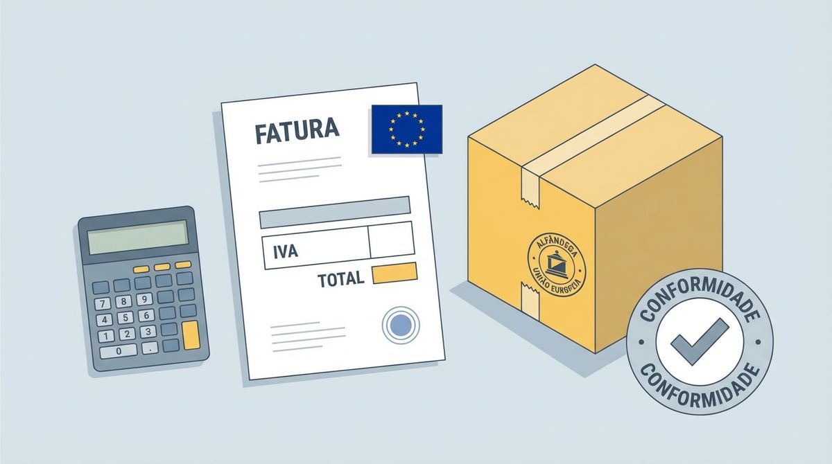 Ilustração sobre IVA, OSS e IOSS, com caixa de encomenda e elementos da União Europeia