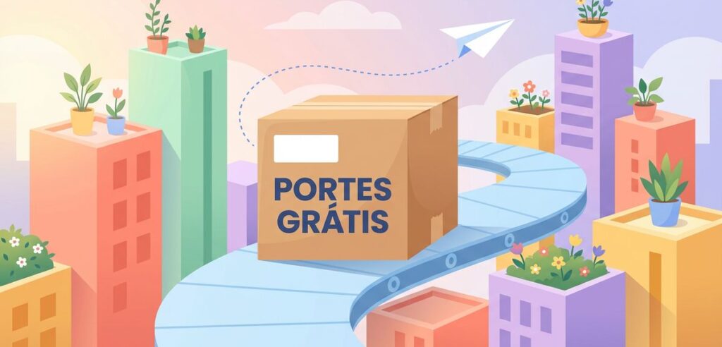 Ilustração de caixa com portes grátis numa cidade colorida