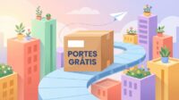 Ilustração de caixa com portes grátis numa cidade colorida