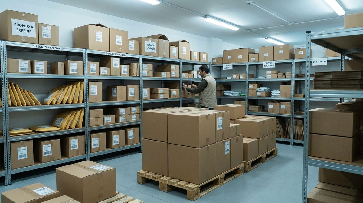 Prateleiras com encomendas prontas a expedir numa área de logística