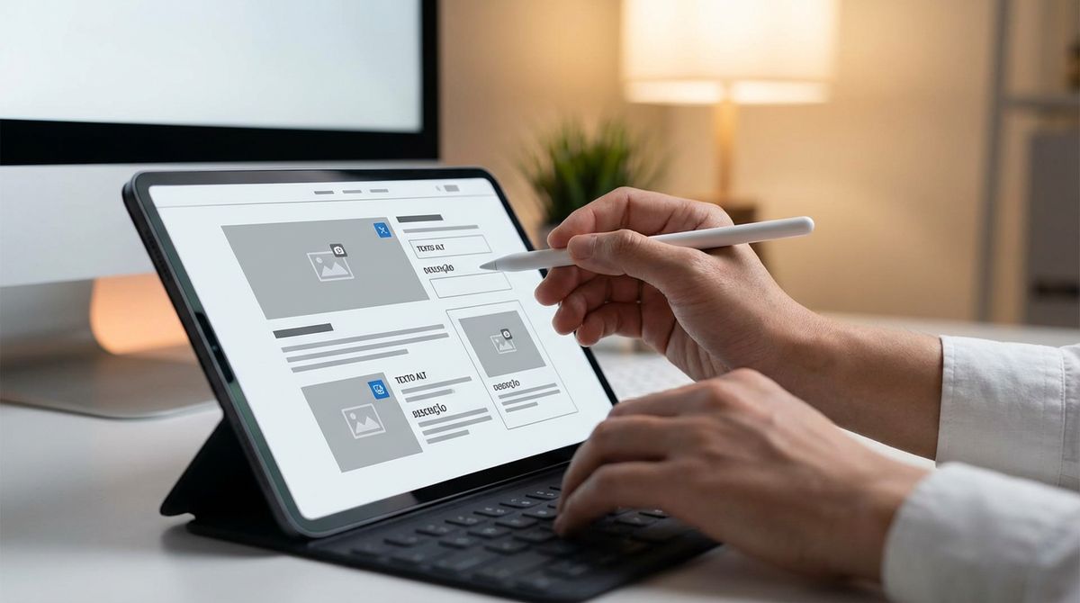 Pessoa a usar um computador portátil com auscultadores, a representar navegação com leitor de ecrã