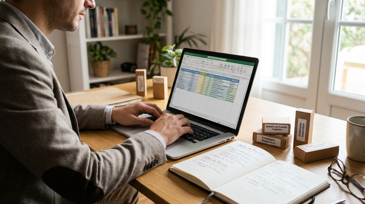 Empreendedor a comparar propostas e a avaliar fornecedores no portátil