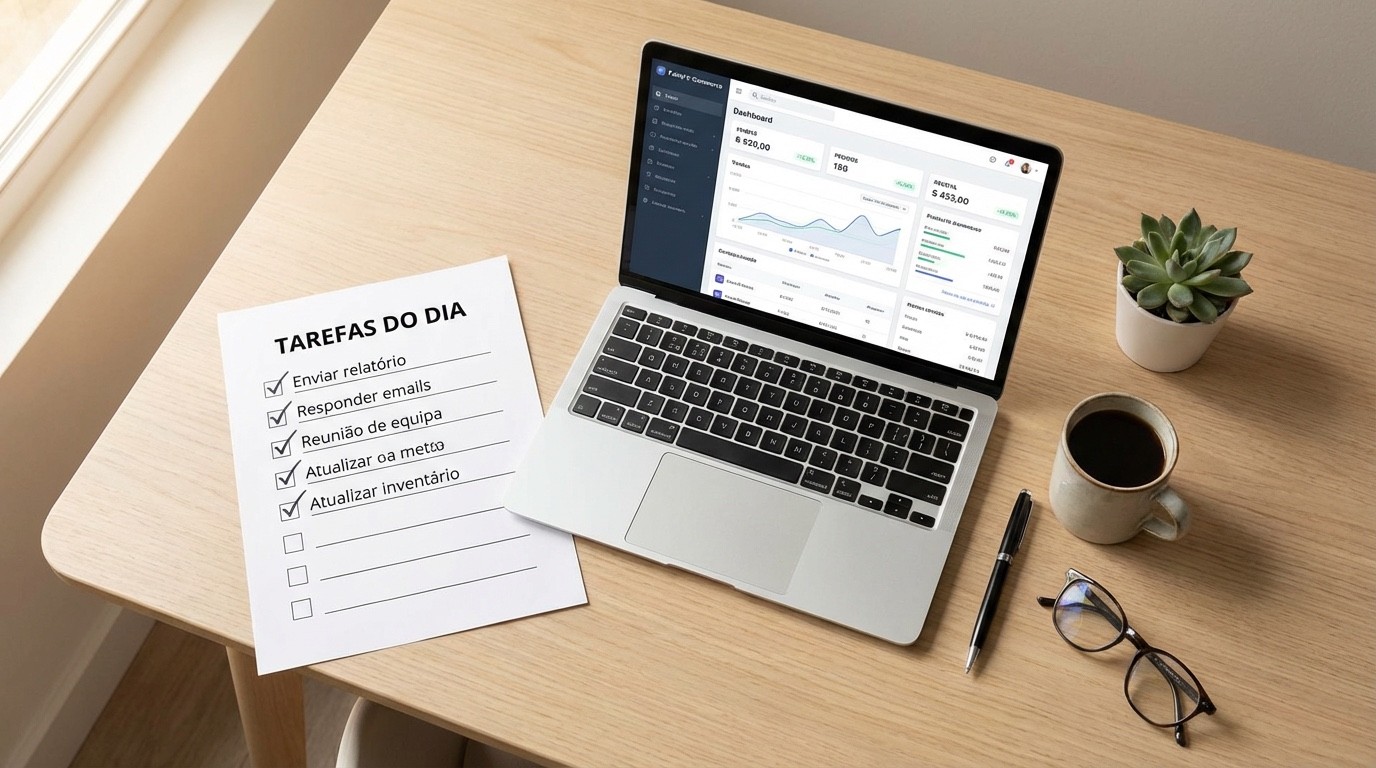 Checklist de preparação para e-commerce 2026 num ambiente de trabalho organizado