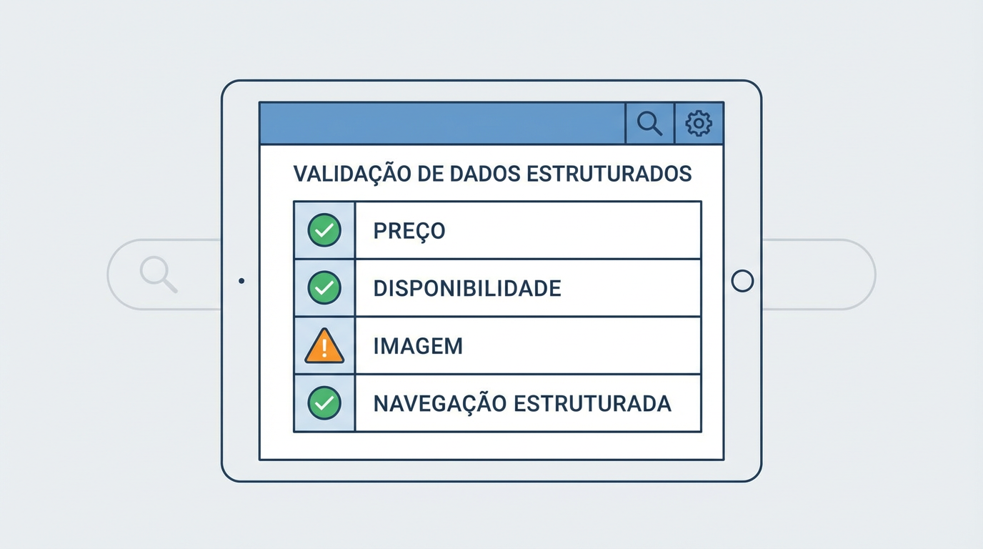 Checklist visual de validação de dados estruturados com itens como preço, stock, imagem e breadcrumbs