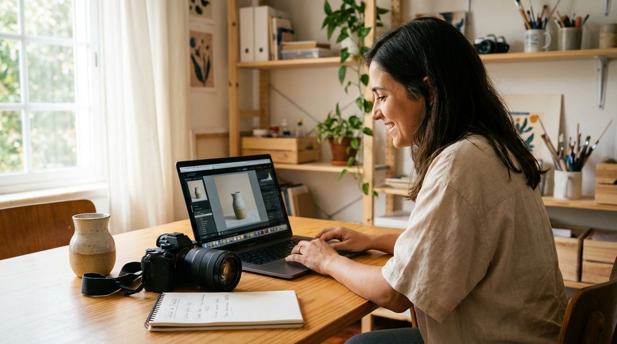 Página de produto de uma loja online num portátil, com fotografias do artigo e detalhes visuais