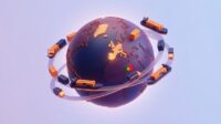 Globo 3D estilizado com contentores, navios de carga e camiões a circular à volta, focado na Europa e Portugal
