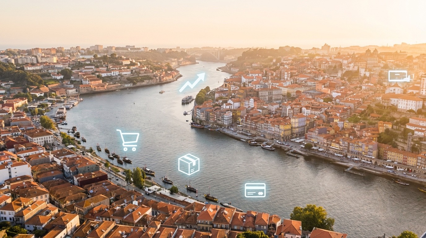 Dashboard de e-commerce com gráfico de crescimento, smartphone com pagamento aprovado e encomendas prontas a enviar