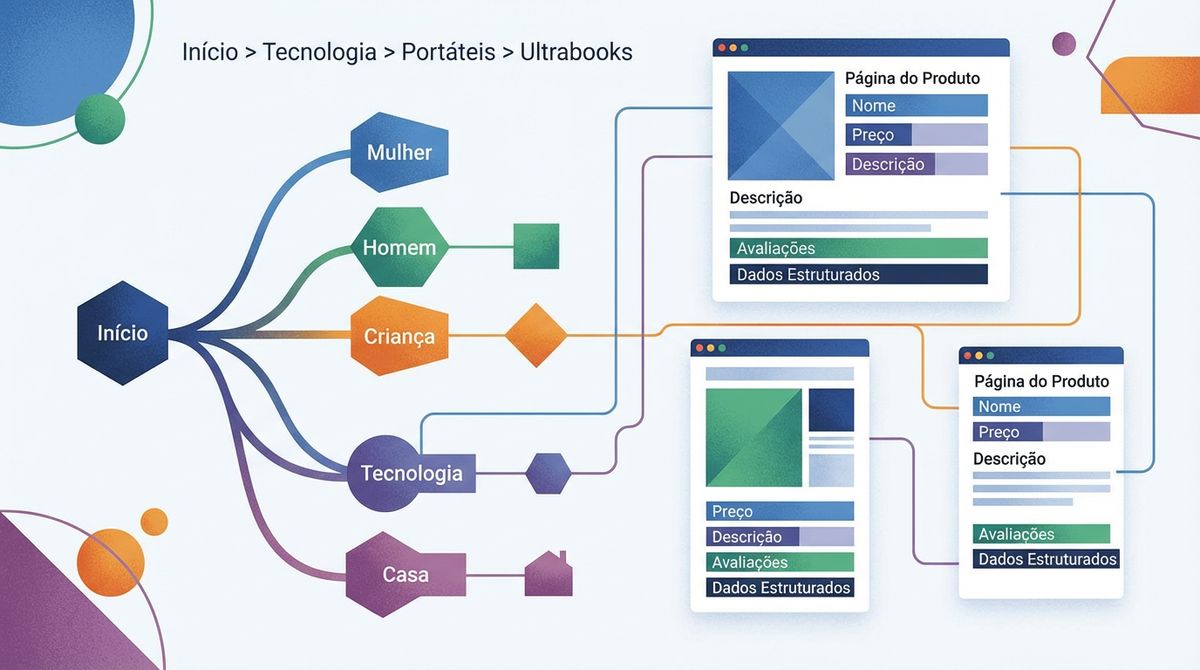 Ilustração editorial de uma loja online com camadas de dados estruturados a ligar produto, categorias e navegação