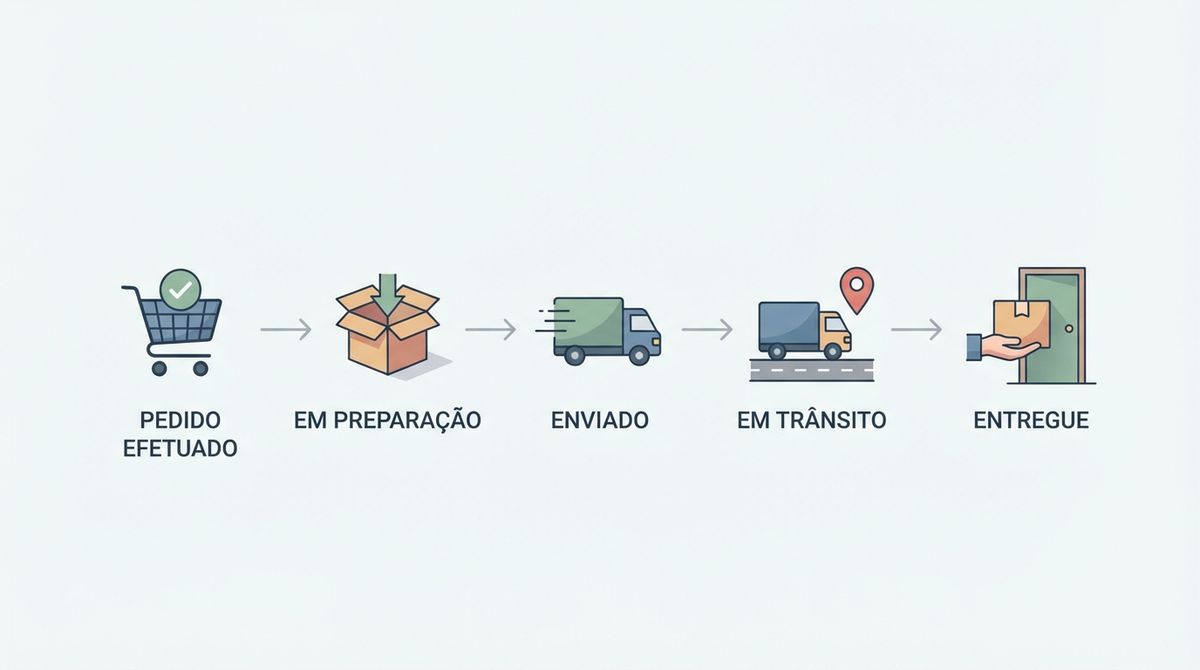Linha de estados de uma encomenda (preparação, expedição, em trânsito, entregue) num cenário de loja online
