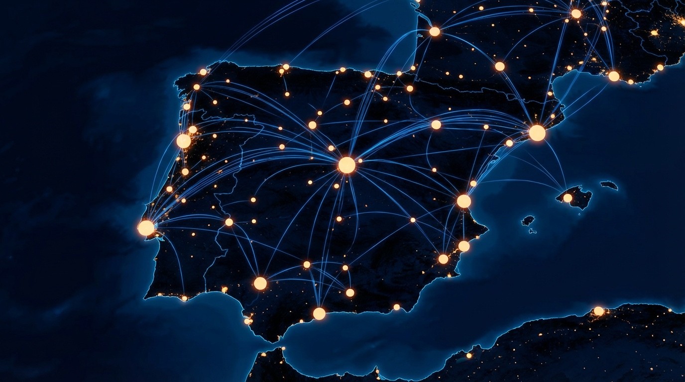 Mapa da Península Ibérica com rotas de comércio digital entre Portugal e Espanha