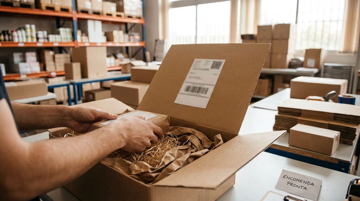 Preparação de encomendas para expedição com embalagem e enchimento reciclável
