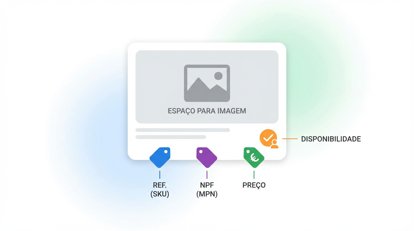 Visualização conceptual de um cartão de produto com nome, imagem, SKU e preço representados como dados estruturados