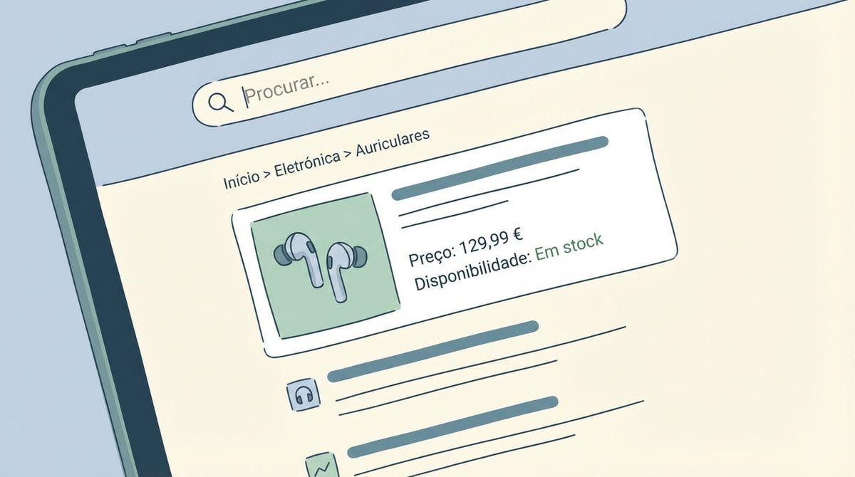 Resultados do Google com informação extra como preço, disponibilidade e breadcrumbs num contexto de e-commerce