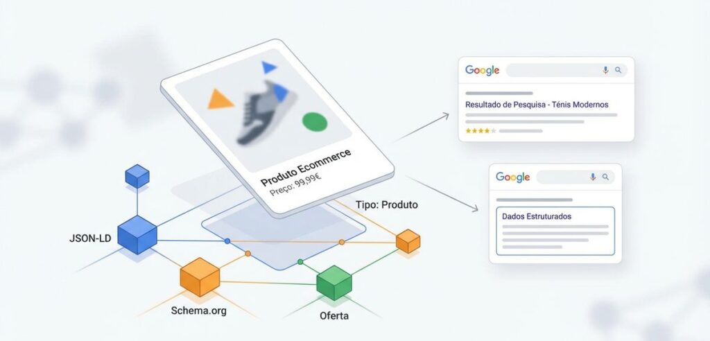 Ilustração editorial sobre dados estruturados (schema markup) para e-commerce, com cartões de produto e ligações de informação