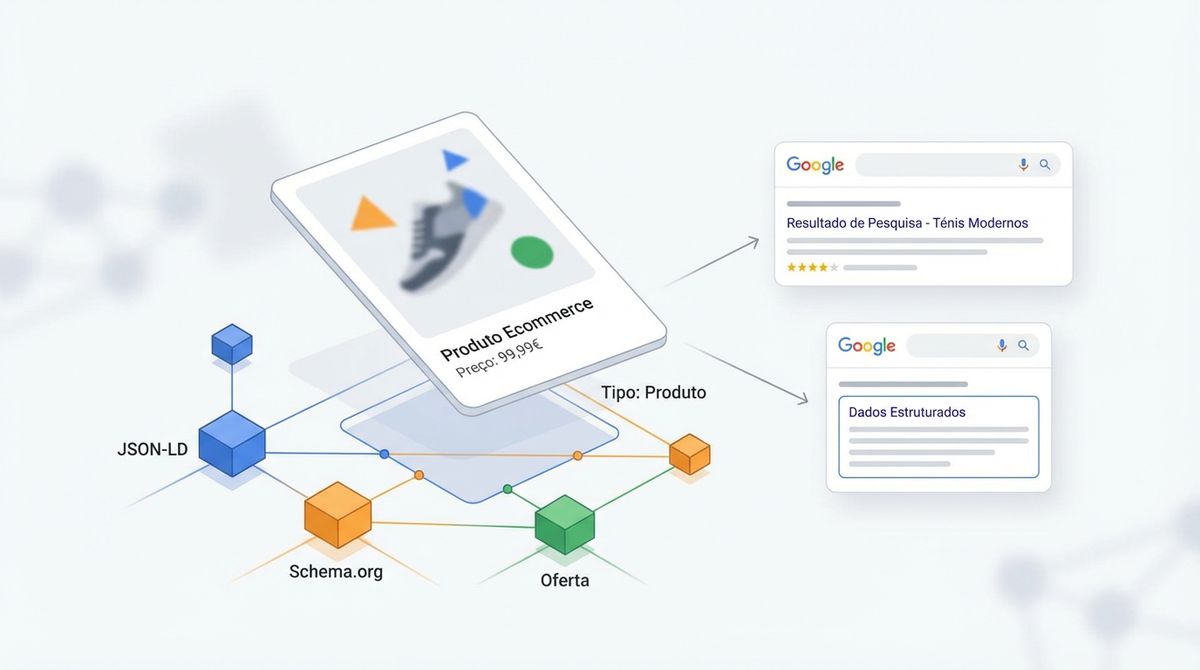 Ilustração editorial sobre dados estruturados (schema markup) para e-commerce, com cartões de produto e ligações de informação