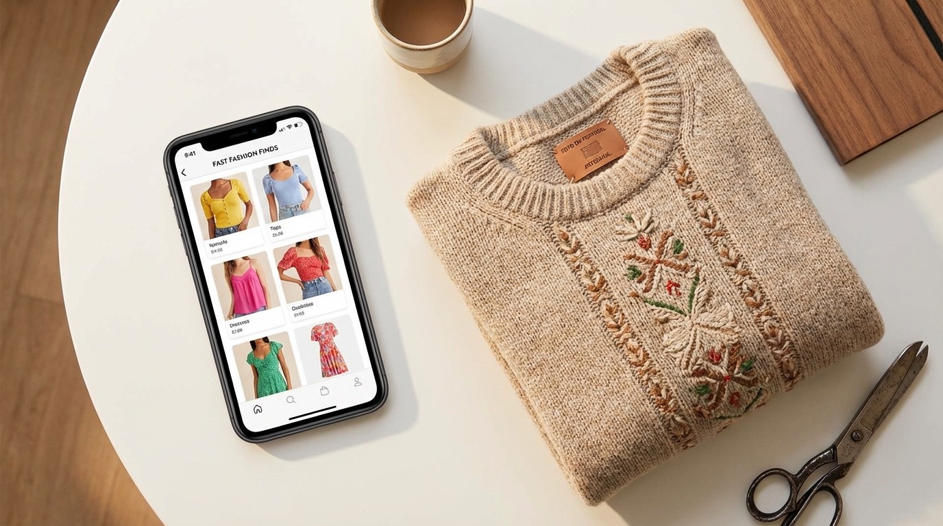 Contraste entre moda fast fashion num smartphone e peça artesanal de qualidade