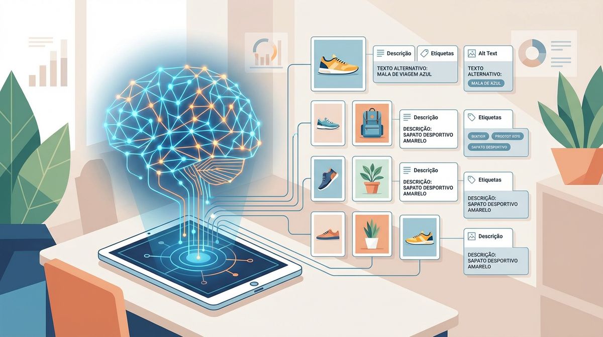 Biblioteca de multimédia de uma loja online com imagens e vídeos, a representar geração automática de descrições