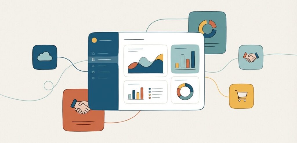 Ilustração de integrações e apps para uma loja online, estilo editorial