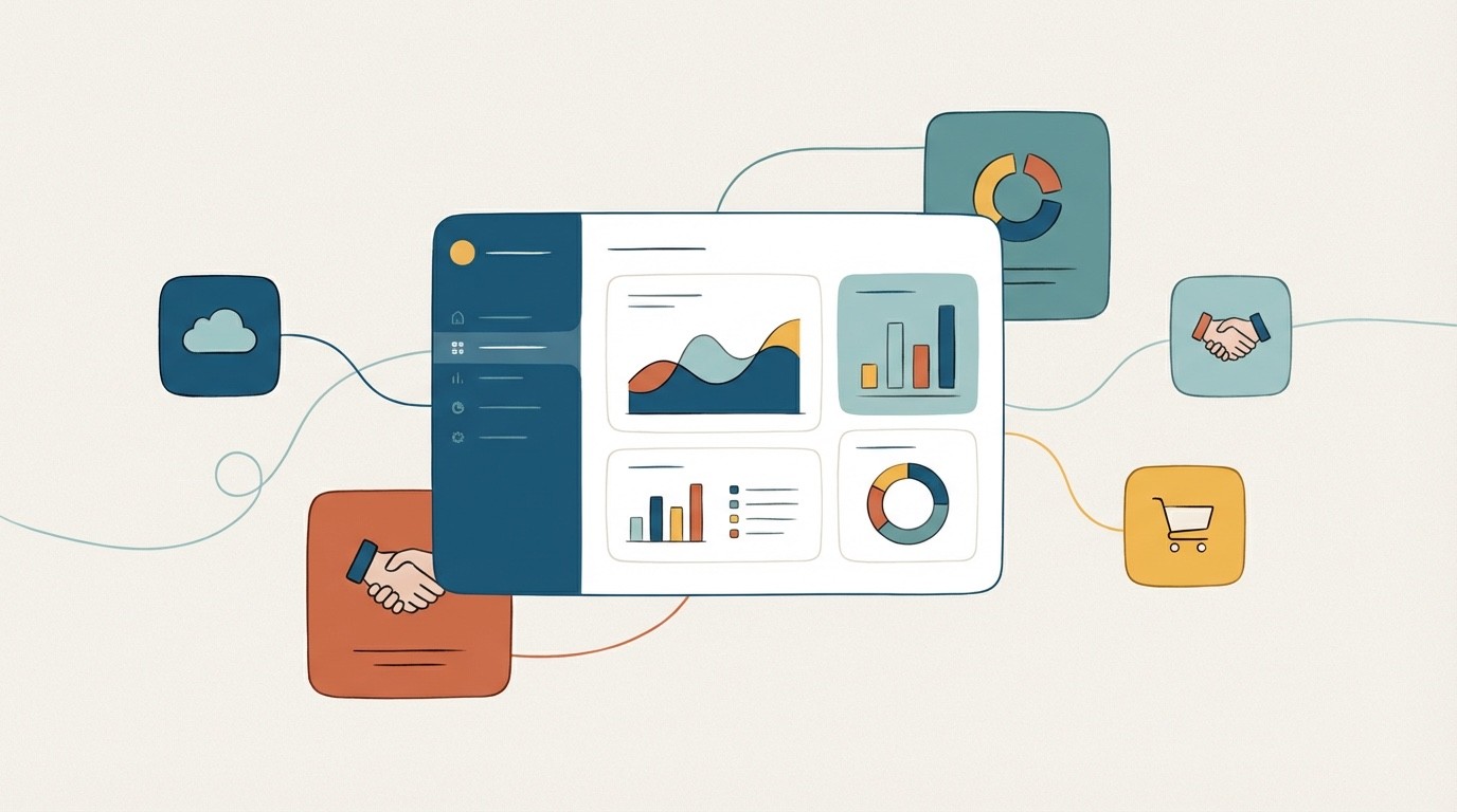 Ilustração de integrações e apps para uma loja online, estilo editorial