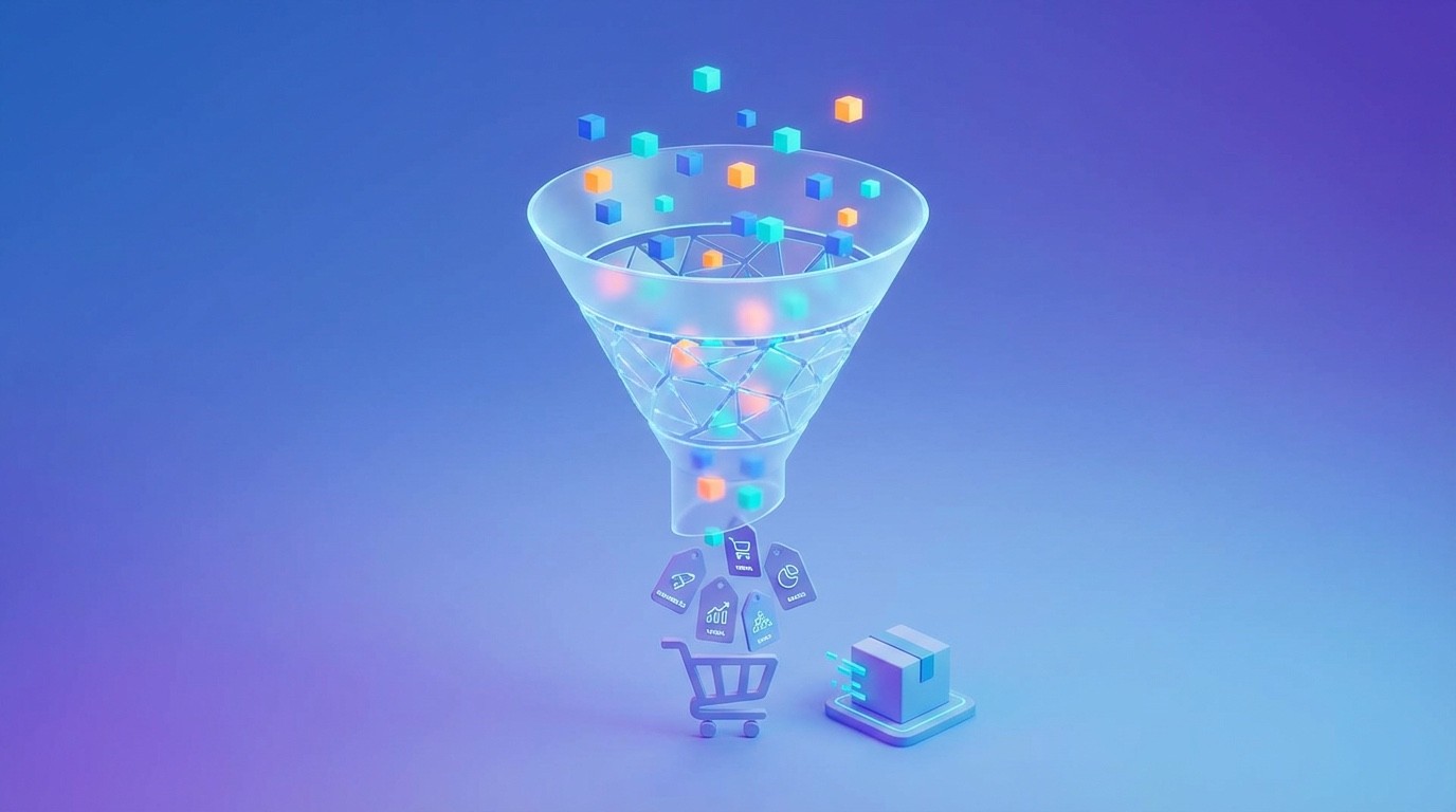 Ilustração de funil de conversão e tags de marketing para ecommerce