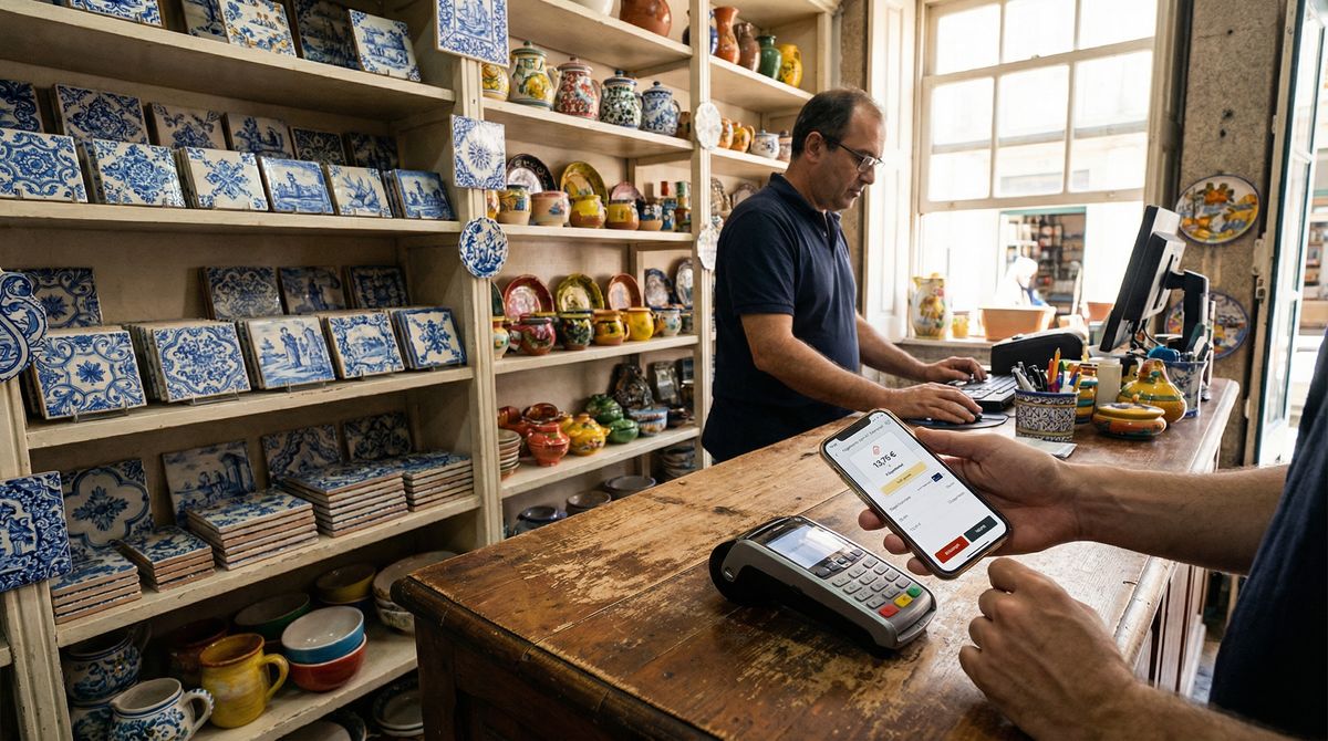 Mão a segurar um telemóvel a aprovar um pedido de pagamento com um toque