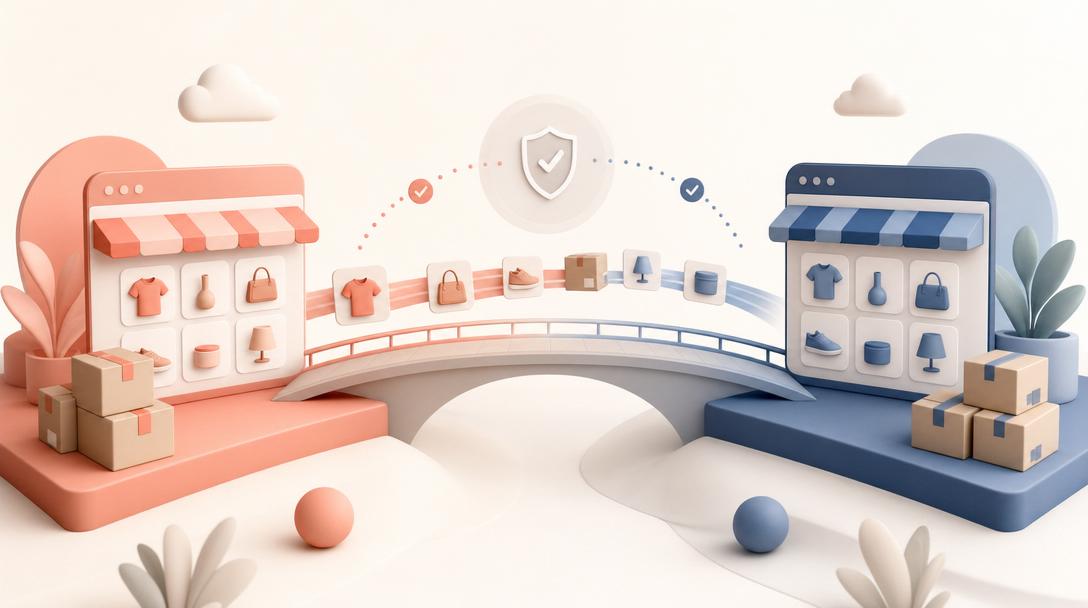 Ilustração editorial sobre migração de plataforma de e-commerce com elementos de loja online em transição