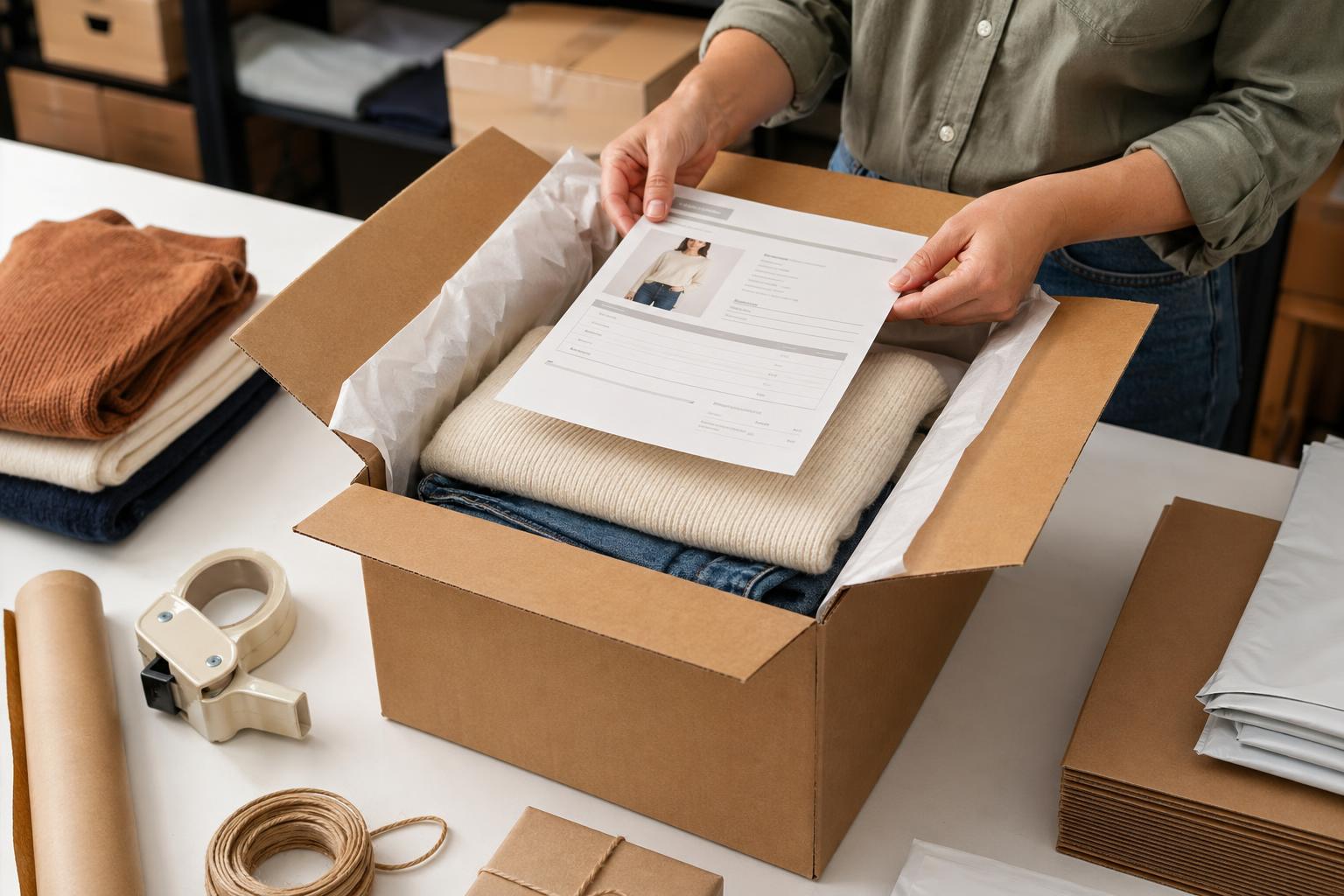 Documento detalhado de encomenda a ser colocado dentro de uma embalagem pronta a enviar