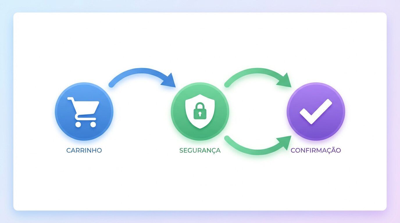 Ilustração de funil de conversão com carrinho, pagamento e confirmação