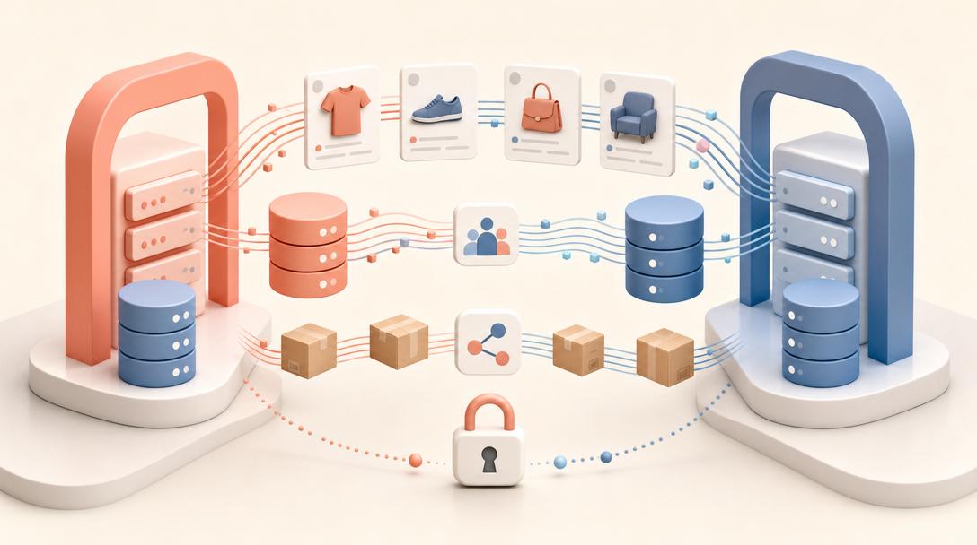 Fluxo de produtos, encomendas e clientes numa migração de e-commerce