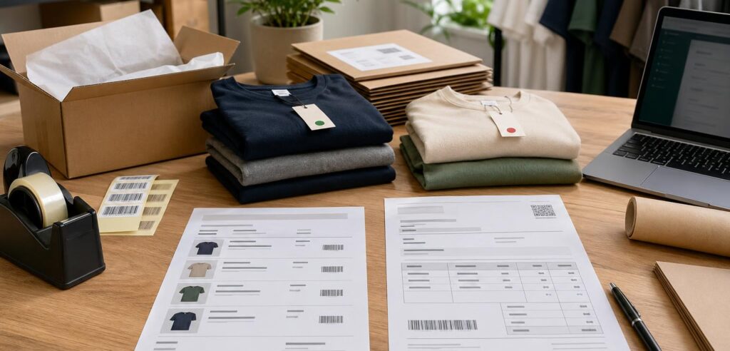 Posto de preparação de encomendas com folhas impressas em PDF e organização por lotes