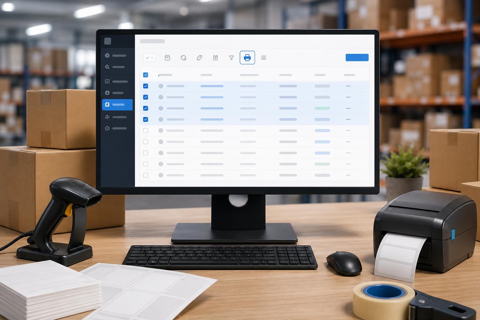 Ecrã de gestão com várias encomendas seleccionadas para impressão em lote