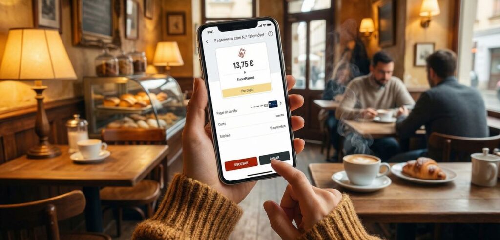 Ilustração editorial de checkout de e-commerce com confirmação de pagamento no telemóvel