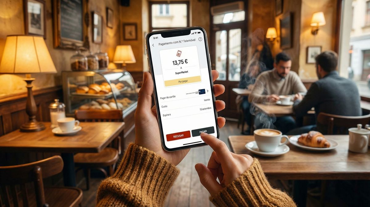 Ilustração editorial de checkout de e-commerce com confirmação de pagamento no telemóvel