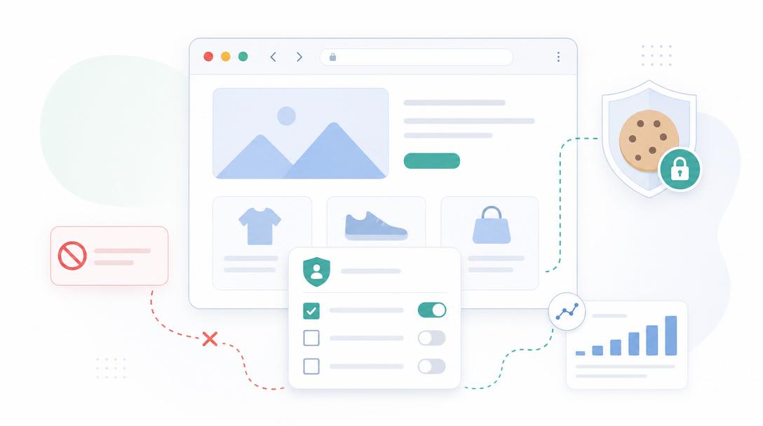 Interface simplificada de consentimento de marketing e privacidade num visual editorial limpo
