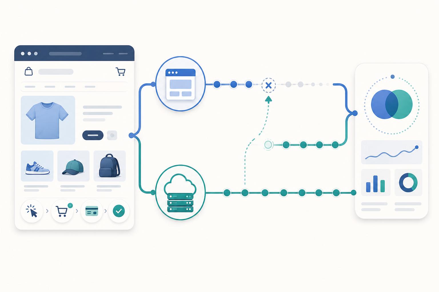Fluxo visual de eventos da loja a seguir por browser e servidor até à Meta